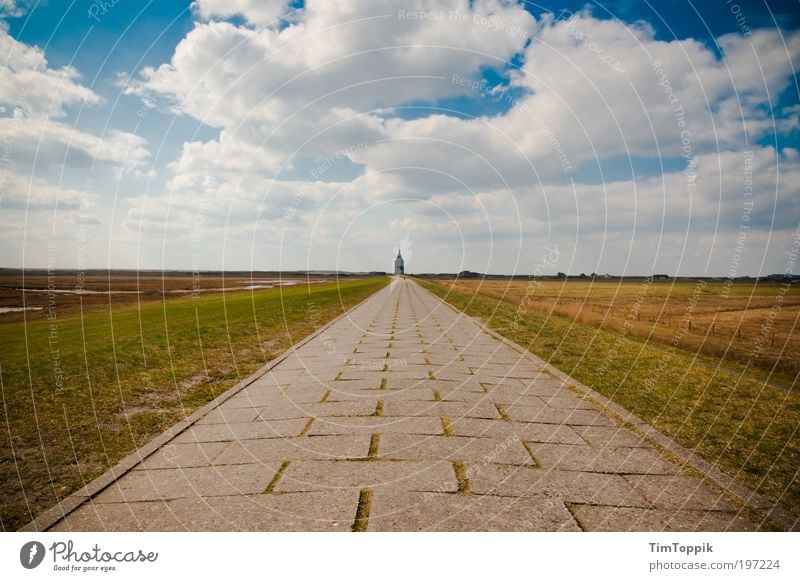 Go west Lanes & trails Wanderlust Loneliness Far-off places Tower Spire Tower construction Nature Going Cycle path Sidewalk Blue sky Clouds Infinity Meadow