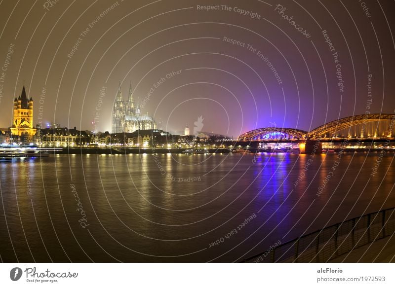 Köln Vacation & Travel Tourism City trip Water Night sky River bank Cologne Germany Europe Town Dome Bridge Tourist Attraction Landmark Cologne Cathedral Black