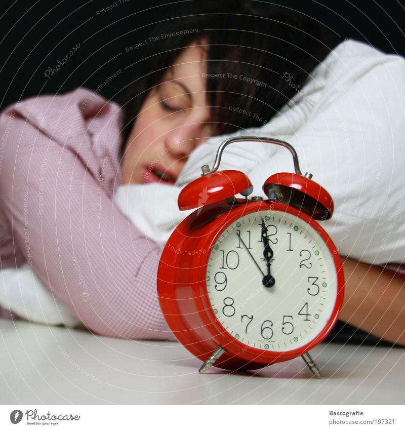 just before 12 Human being Sleep Alarm clock Arise Red Clock Bed Cushion Dream Clock hand Wake up Morning Morning grouchiness Oversleep be late Late Sheep