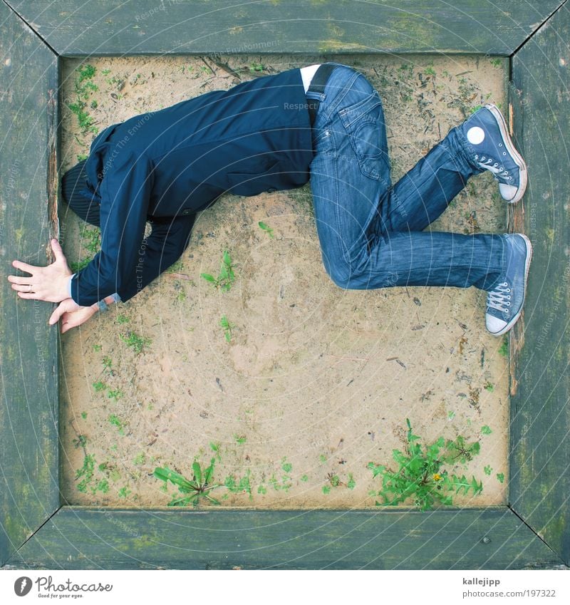 sandbox rocker Human being Masculine Man Adults 1 Jeans Jacket Sneakers Cap Playing Sandpit Playing field Frame Corner Wood Dandelion Colour photo Exterior shot