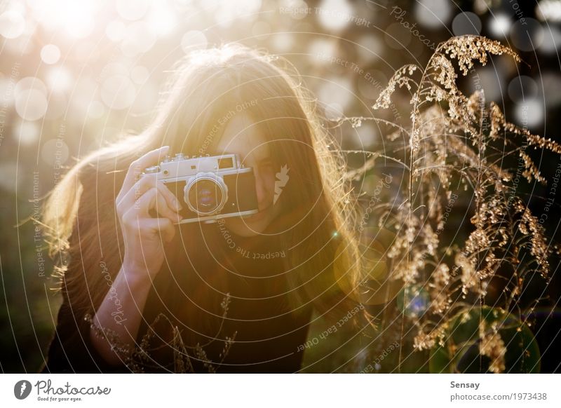 young girl taking photo in park Lifestyle Joy Beautiful Skin Face Summer Camera Human being Girl Woman Adults Nature Autumn Flower Park Fashion Smiling