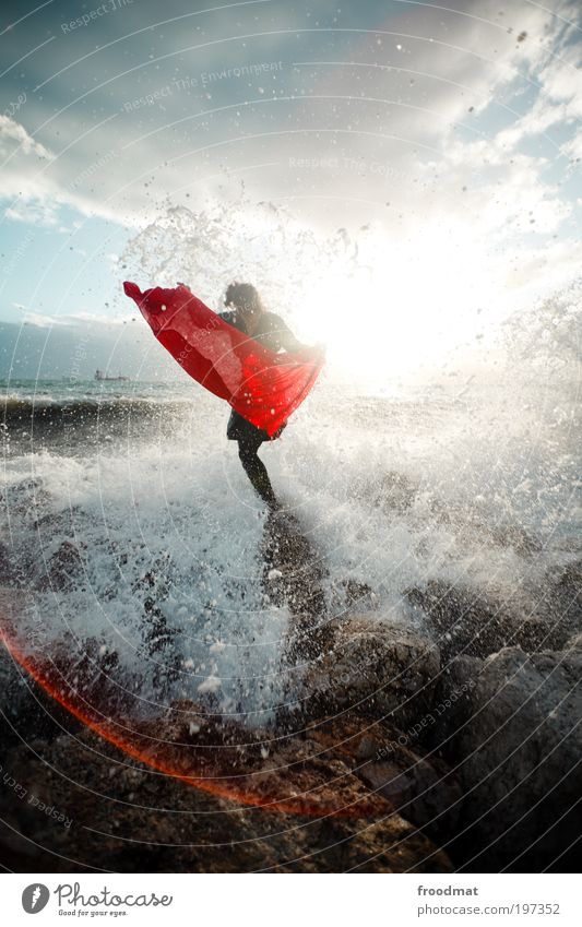 water torero Human being Feminine Young woman Youth (Young adults) Woman Adults Nature Elements Water Drops of water Summer Beautiful weather Wind Waves Coast