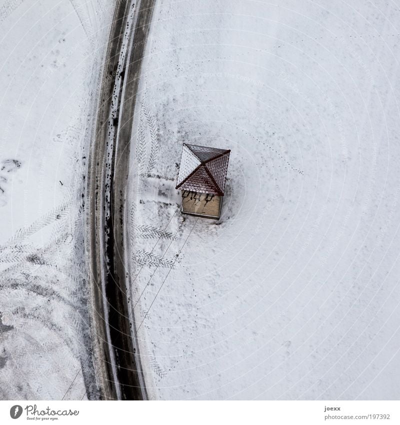 settler Energy industry Winter Snow Deserted House (Residential Structure) Hut Tower Roof Street Cold power supply distribution box Colour photo Subdued colour