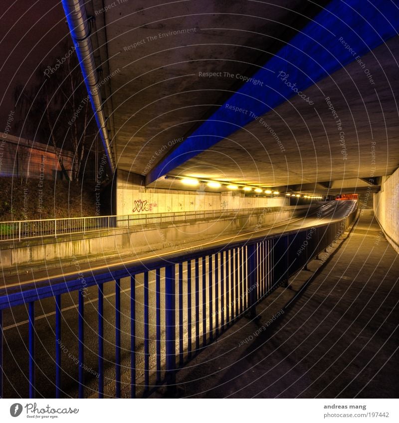 depth Lamp Transport Traffic infrastructure Motoring Pedestrian Street Tunnel Fear Symmetry Handrail Dark Light Contrast Colour photo Night Artificial light