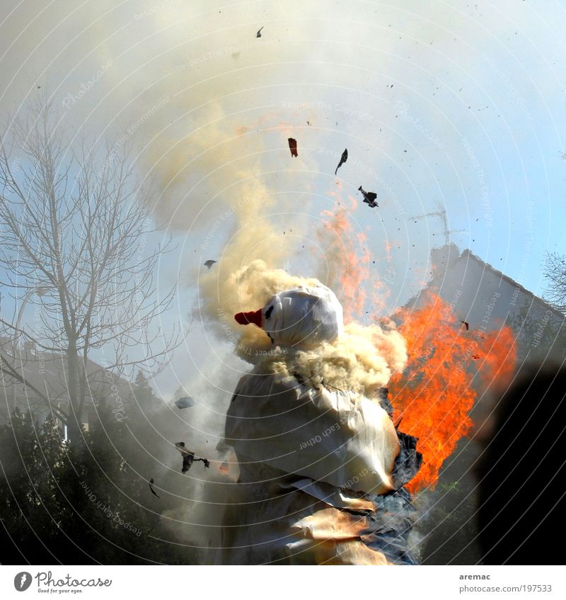 winter goodbye Masculine Nose 1 Human being Sculpture Event Smoking Hot Trashy Blue Red White Blaze Fire Snowman summer procession Colour photo Multicoloured