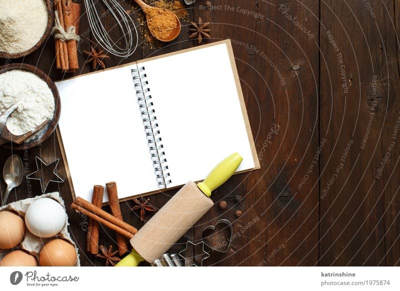 Blank cooking book, ingredients and utensils top view Grain Dough Baked goods Bread Dessert Herbs and spices Bowl Table Kitchen Paper Wood Fresh Brown White