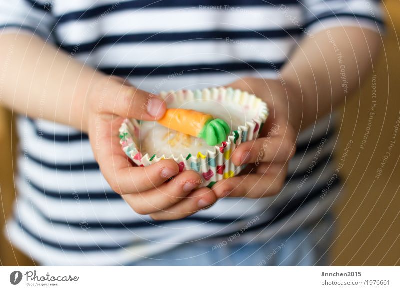 carrot muffin Cake Easter Child Healthy Eating Dish Food photograph Delicious Muffin Sugar Icing Multicoloured White Blue Striped Feasts & Celebrations Spring