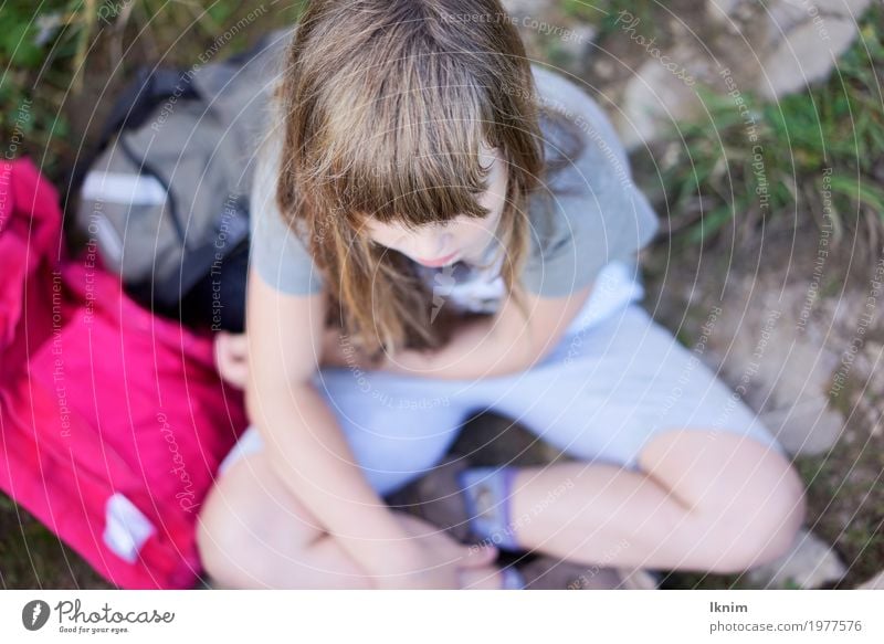 small rest Feminine Toddler Girl Infancy 1 Human being 3 - 8 years Child 8 - 13 years Sit Hiking Break Wait Loneliness Adventure Restful Relaxation Colour photo