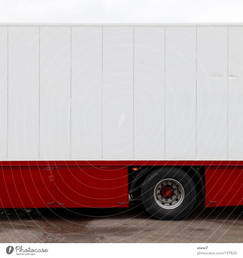 red truck Transport Means of transport Street Vehicle Truck Mobile home Caravan Site trailer Trailer Metal Line Stripe Esthetic Thin Authentic Fresh Modern