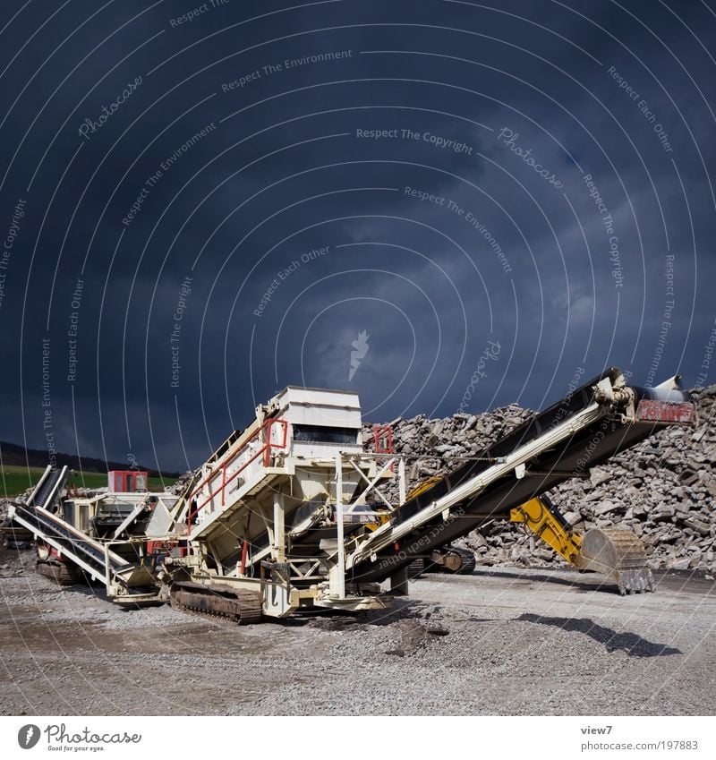 crusher Construction site Environment Sky Beautiful weather Bad weather Gale Thunder and lightning Vehicle Site trailer Stone Concrete Metal Sign Aggression