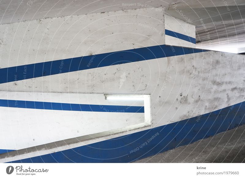 Line light II Deserted Parking garage Architecture Wall (barrier) Wall (building) Transport Stone Esthetic Authentic Dirty Blue White Empty Graphic Vista