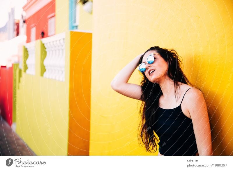 Portrait of caucasian women standing in front of yellow wall Lifestyle Happy Summer House (Residential Structure) Feminine Young woman Youth (Young adults)