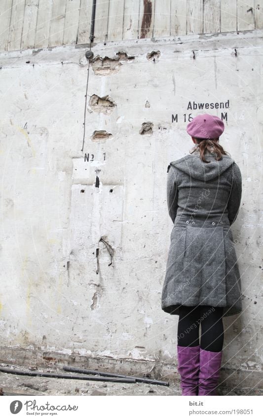 Absent [LUsertreffen 04|10] Feminine Young woman Youth (Young adults) Back Ignorant Shame Stand Unwavering Violet Boots cap Wall (barrier) Historic Old Derelict