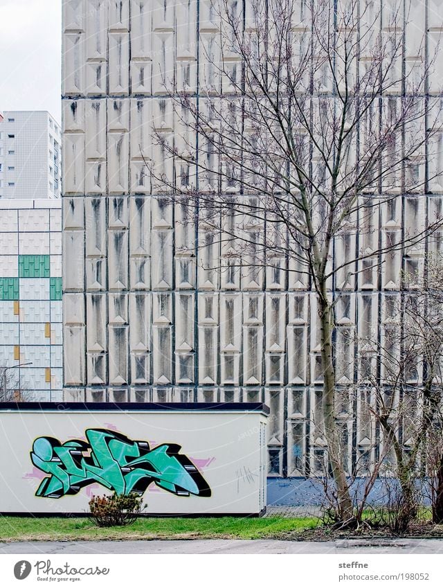 spring in haneu Tree Town Outskirts Overpopulated House (Residential Structure) High-rise Facade Gloomy Graffiti Spring Ghetto Colour photo Subdued colour