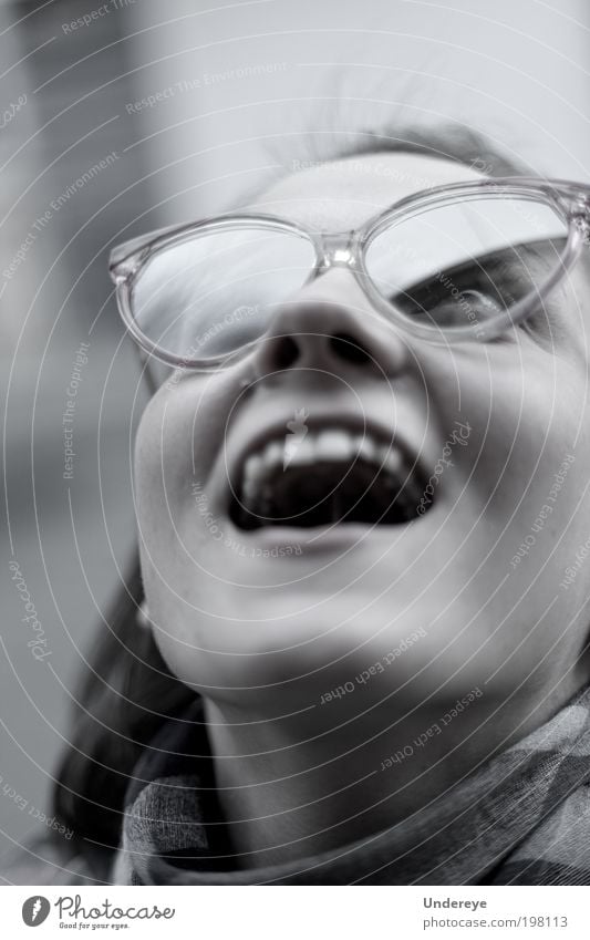 Glass Reflection 1 Human being Young woman Youth (Young adults) Face 18 - 30 years Adults To enjoy Grinning Eyeglasses Black & white photo Exterior shot Day