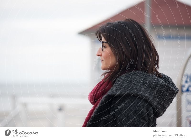 By the sea Human being Feminine Woman Adults Life 1 30 - 45 years Clouds Spring Autumn Coast North Sea Baltic Sea Observe Looking Dream Sadness Wait Contentment