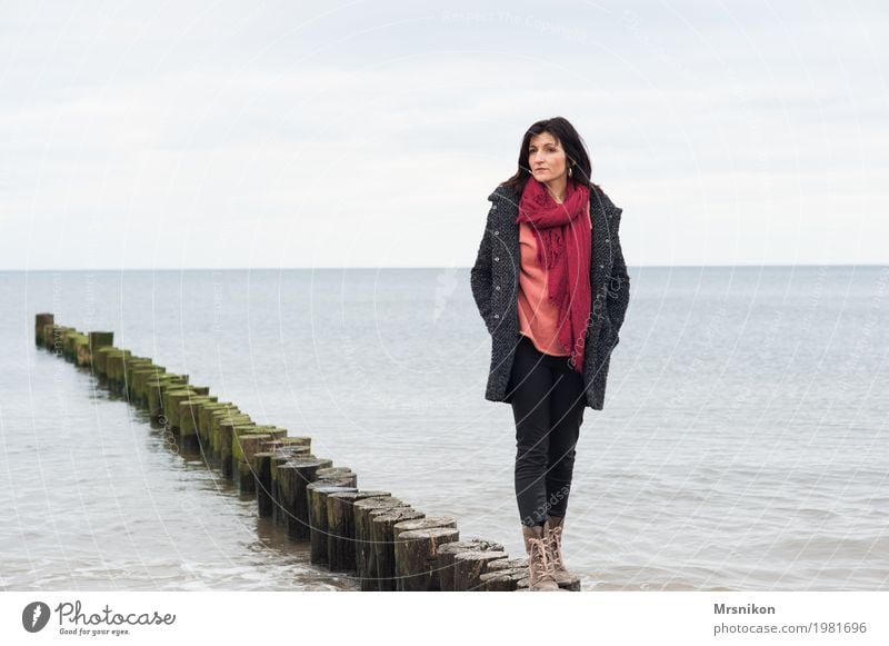 groyne Human being Feminine Woman Adults Life 1 30 - 45 years Environment Sky Clouds Spring Autumn Weather Waves Coast North Sea Baltic Sea Ocean Observe