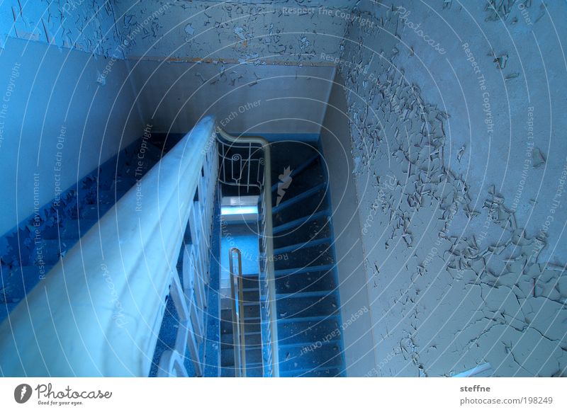 departure Stairs Old Old building Loneliness Plaster HDR Blue Handrail Downward Colour photo Multicoloured Interior shot