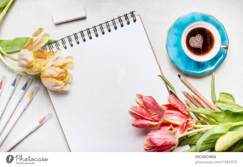 Tulips, notepad with coloured marker and coffee cup Lifestyle Style Design Table Feasts & Celebrations Valentine's Day Mother's Day Workplace Office Feminine