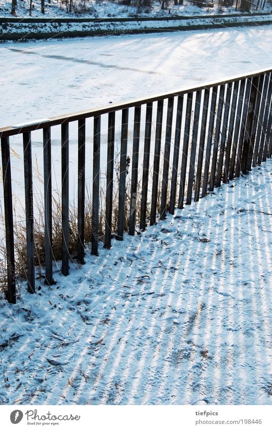 winter sun. Trip Winter Snow Ice Frost Park Brook Inland navigation Channel Landwehrkanal Handrail Fence Winter sun Ice sheet To go for a walk Stripe Blue