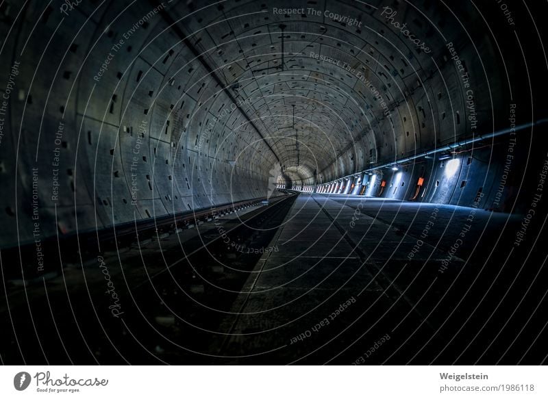 subway tunnel Tunnel Public transit Underground Concrete Steel Dark Blue Gray Green Orange Loneliness End Horizon Underground tunnel Pipe Colour photo