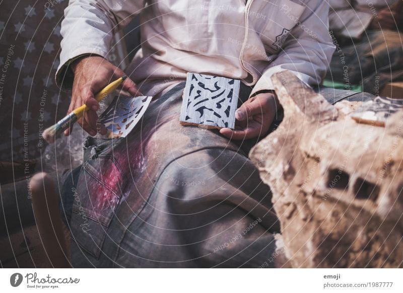 traditional handicraft in Morocco Tool Hand Art Artist Painter Ornament Blue Tradition Pottery Pottery painting Mosaic Paintbrush Colour photo Interior shot