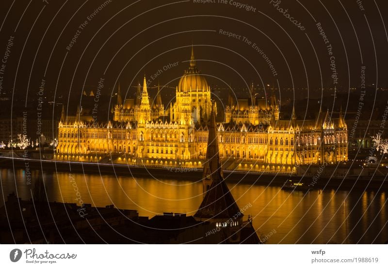 Hungarian Parliament Budapest at night Tourism Water Town Architecture Historic Lighting Lock Hungary City Danube travel Attraction pestilence panorama Night