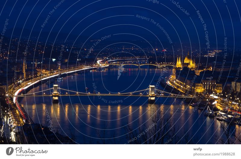 Chain bridge Hungary Budapest at night Tourism Town Architecture Historic Suspension bridge Lighting City Danube Attraction pestilence Night Parliament Lock