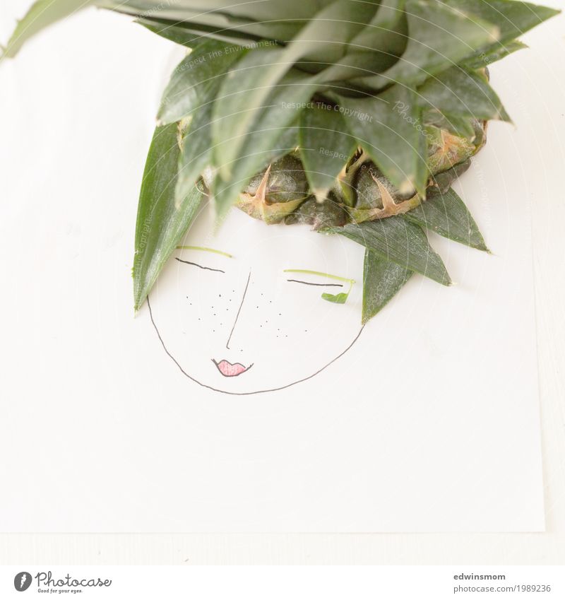 Mrs Pineapple Fruit Leisure and hobbies Handicraft Feminine Paper Decoration Smiling Draw Sleep Friendliness Bright Natural Cute Beautiful Green White Happy