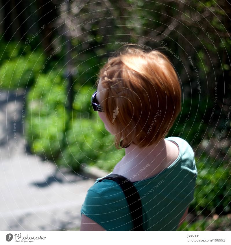 to the left Trip Summer Hiking Feminine Young woman Youth (Young adults) 18 - 30 years Adults Nature Beautiful weather Bushes Park T-shirt Earring Bag