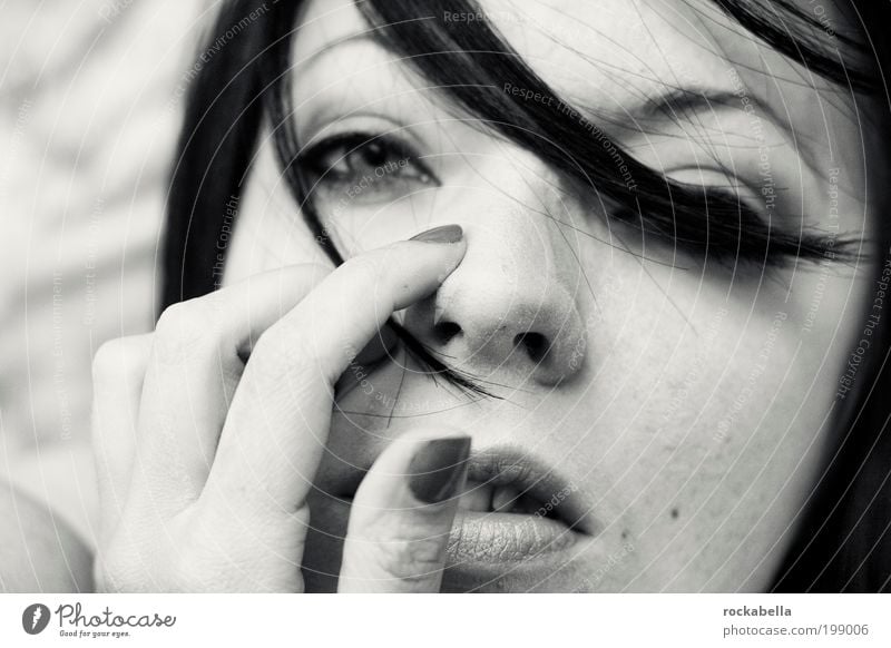 out of sight. Feminine Black-haired Long-haired Breathe Observe Touch Think Sadness Esthetic Authentic Dark Beautiful Self-confident Black & white photo