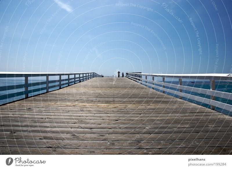 On the wrong track? Human being 2 Landscape Water Sky Horizon Sun Summer Beautiful weather Coast Fishing village Footbridge Pedestrian Yacht harbour Sand Wood