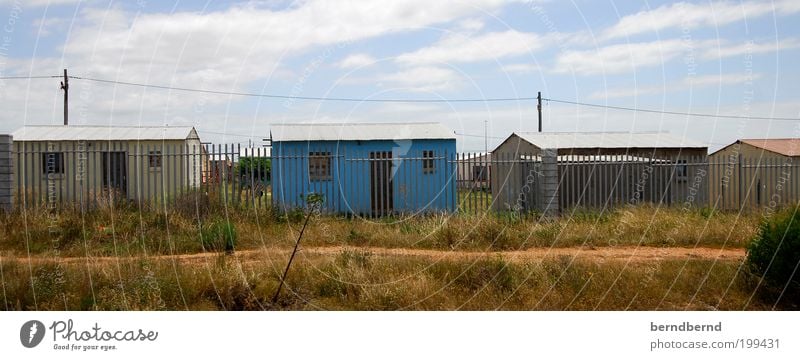 Africa Summer Sky Clouds Sunlight Beautiful weather Grass Cape Town Hut Building Window Door Wood Metal Blue Brown Multicoloured Poverty Survive Decline