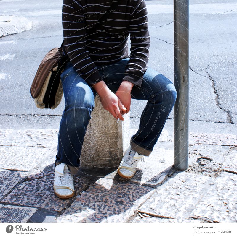 When it takes longer again! Lifestyle Legs Sit Wait To enjoy Tobacco products Smoking Break Relaxation Tar Boundary Sidewalk Bag Colour photo Exterior shot Day