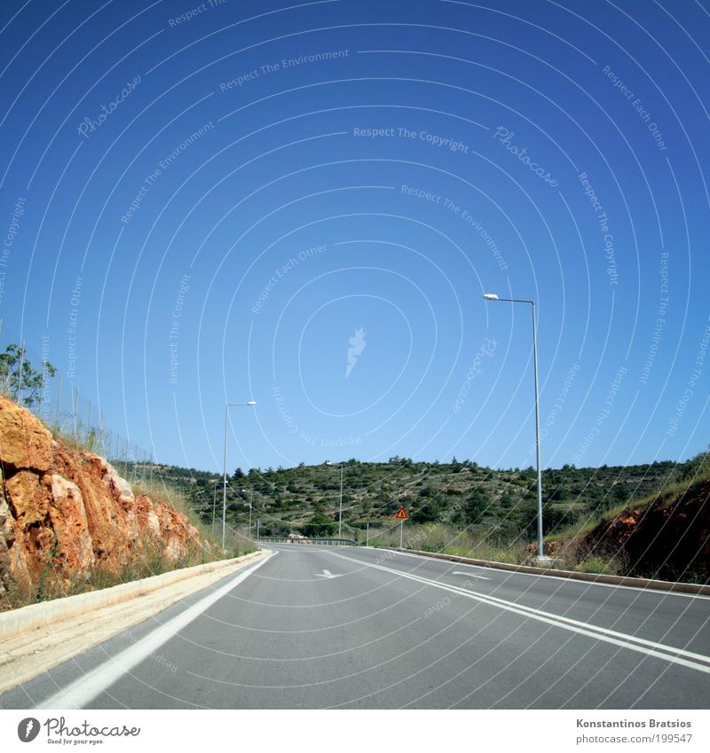 Open track Sky Summer Beautiful weather Transport Traffic infrastructure Road traffic Motoring Street Country road Free Bright Blue Gray Mobility Target Trip