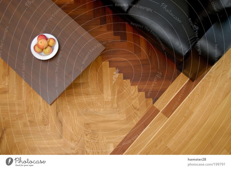 parquet Elegant Design Living or residing Flat (apartment) Dream house Interior design Esthetic New Parquet floor Herringbone Fruit Apple Fruit bowl Sofa