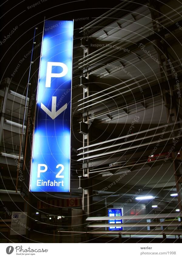 parking space Night shot Parking garage Transport Black Long exposure Signs and labeling DIN Blue