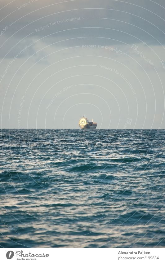 A ship is coming loaded... Weather Waves North Sea Ocean Watercraft Navigation Deserted Loneliness loner Far-off places Travel photography Traveling Cargo-ship