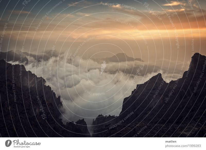 seething Landscape Clouds Sunrise Sunset Beautiful weather Rock Mountain Peak Canyon Infinity Blue Brown Orange White Cloud field witch's kitchen Colour photo