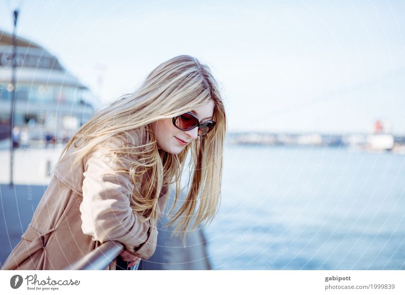 Young woman on the Rhine looks into the water Lifestyle Shopping Summer Human being Feminine Youth (Young adults) 1 River bank Breathe Sadness Blonde pretty