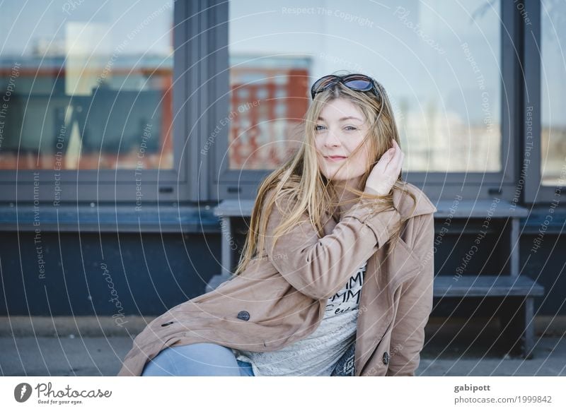 young woman sitting on a staircase Human being Feminine Young woman Youth (Young adults) Adults Life 18 - 30 years Coat Sunglasses Hair and hairstyles Brunette