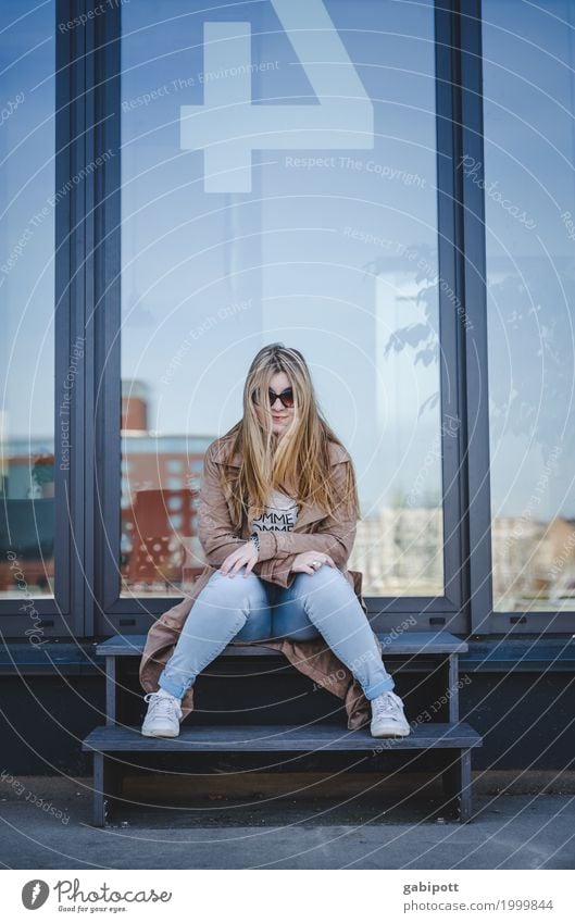 young woman sitting on a staircase Lifestyle Human being Feminine Young woman Youth (Young adults) Woman Adults 1 18 - 30 years Town Sit Brash Friendliness