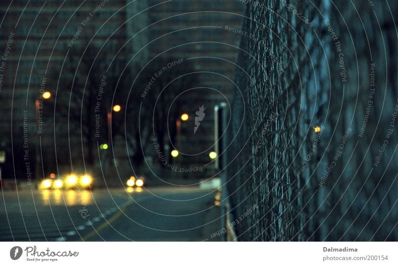 street Town Deserted House (Residential Structure) Transport Street Vehicle Car Dark Cold Blue Creativity Stagnating Fence Concrete Visual spectacle Lantern