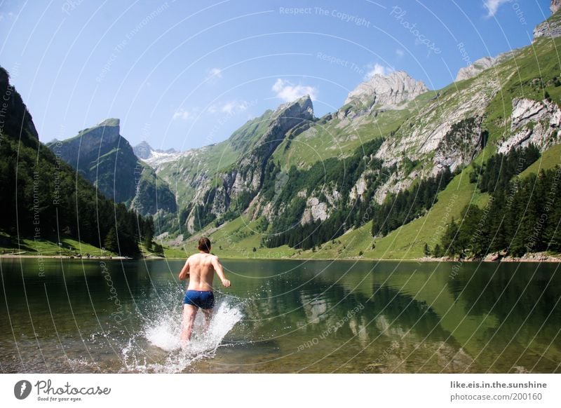 Come on, men, FATHER DAY! Swimming & Bathing Mountain Young man Youth (Young adults) Back Bottom Legs 18 - 30 years Adults Water Cloudless sky Summer