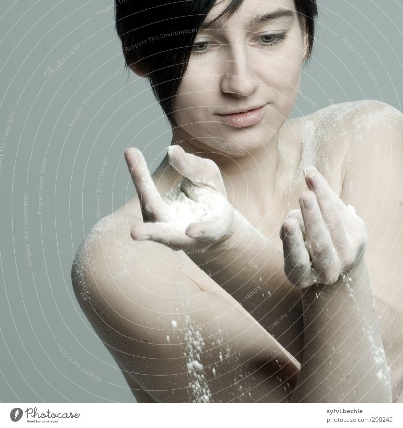 You have flour ... again! Food Nutrition Healthy Well-being Human being Young woman Youth (Young adults) Body Skin Head Face Arm Hand Fingers Naked Gray