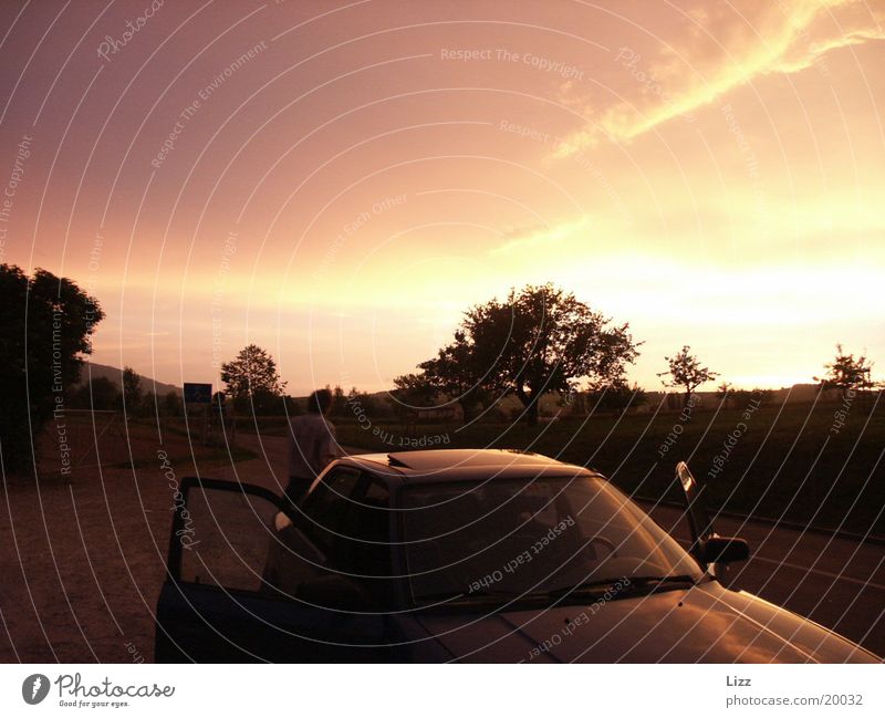 Orange clouds with car Tree Transport Thunder and lightning