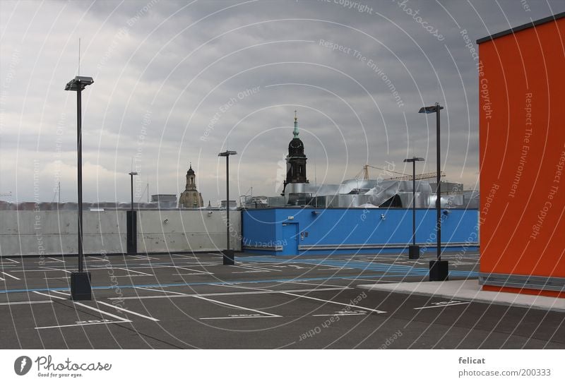 Church of Our Lady Dresden Skyline Deserted Parking garage Roof Colour photo Exterior shot Day Frauenkirche Parking level Parking lot Parking lot lighting