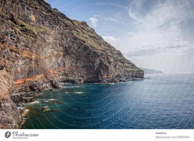 coarse Nature Landscape Water Sky Clouds Horizon Spring Weather Beautiful weather Rock Coast Bay Reef Ocean Maritime Blue Brown Gray Green Orange White Steep