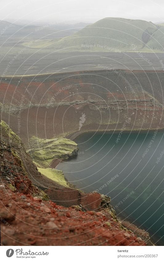 vulcano Environment Nature Landscape Bad weather Exceptional Iceland Lake Volcanic crater Gravel Stone Moss Hill Calm Sublime Cold Minerals Volcano