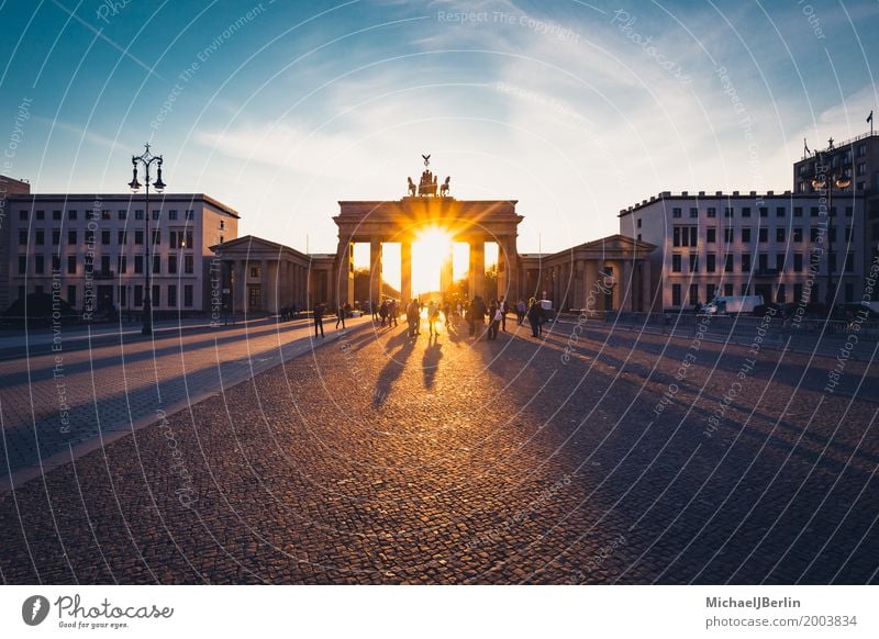 Brandenburg Gate backlit at sunset Sightseeing City trip Berlin Pariser Platz Town Capital city Downtown Manmade structures Architecture Tourist Attraction